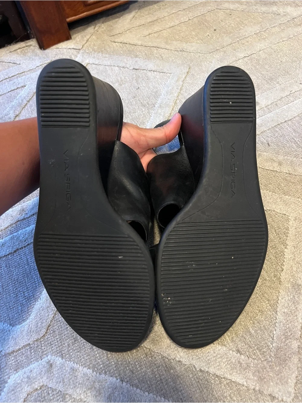 via spiga italian Black Leather Wedge Sandals with Ankle Strap